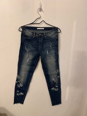 KanCan Dark Blue Distressed Cropped Jeans with Floral Embroidery